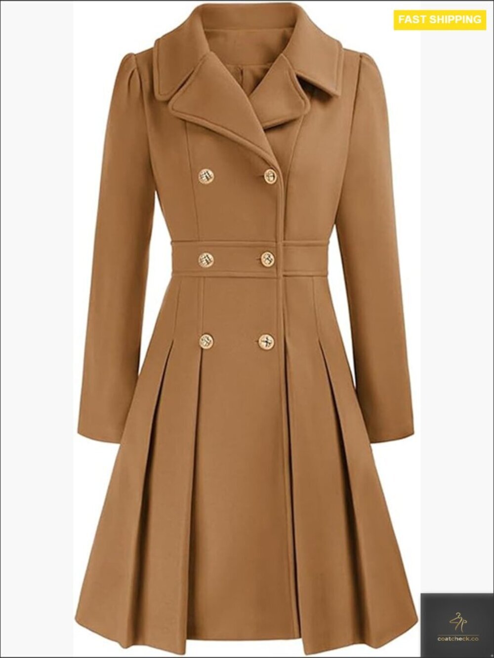 Double Breasted Pea Coat Notch Lapel A-Line Slim Flared Pleated Trench Coat